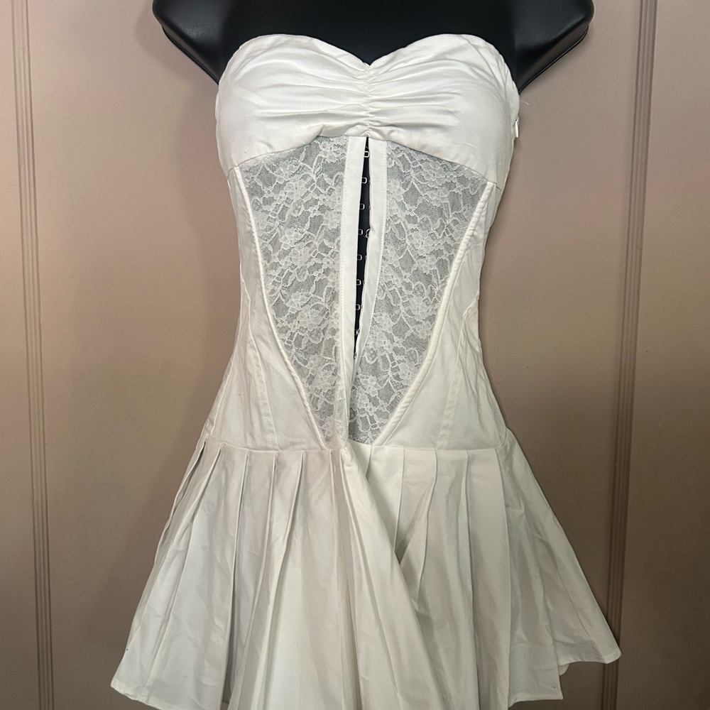White Strapless Lace-Panel Mini Dress